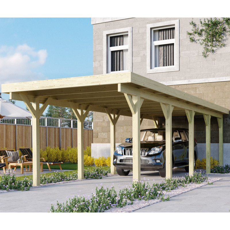 Carport en bois autoclave 26,9m² et toit en acier – KARIBU