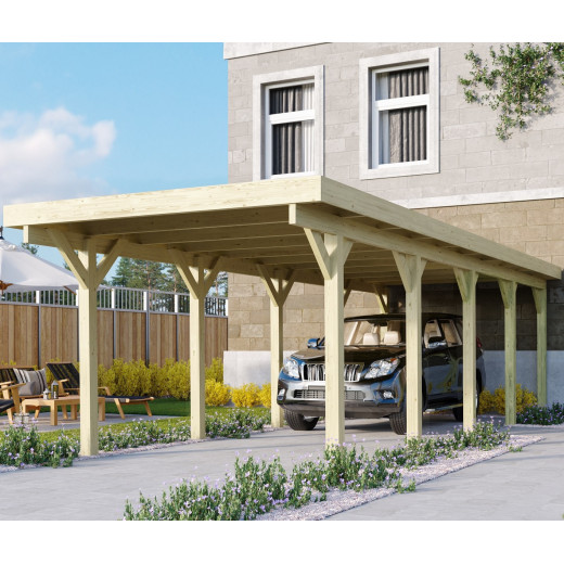 Carport en bois autoclave 26,9m² et toit en acier – KARIBU