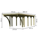 Carport en bois autoclave 26,9m², toit en acier et deux poteaux en arc – KARIBU
