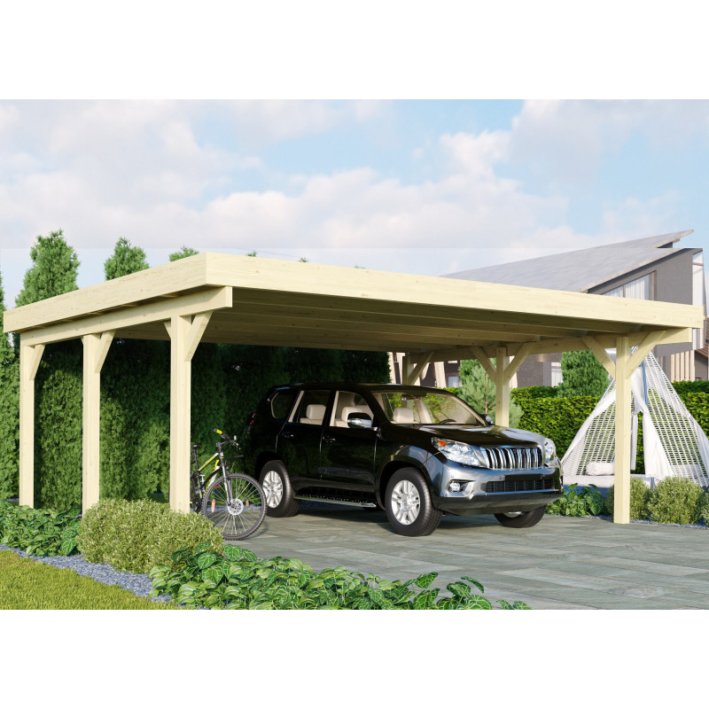 Carport double en bois autoclave 28,3m² et toit en acier – KARIBU
