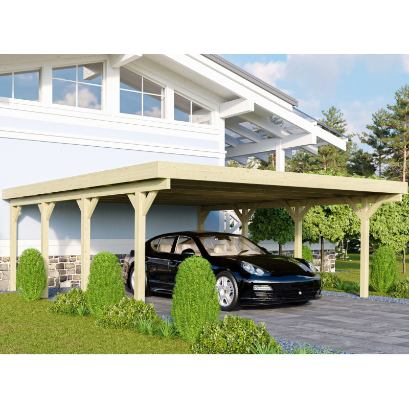 Carport en bois autoclave 40,2m² et toit en acier – KARIBU