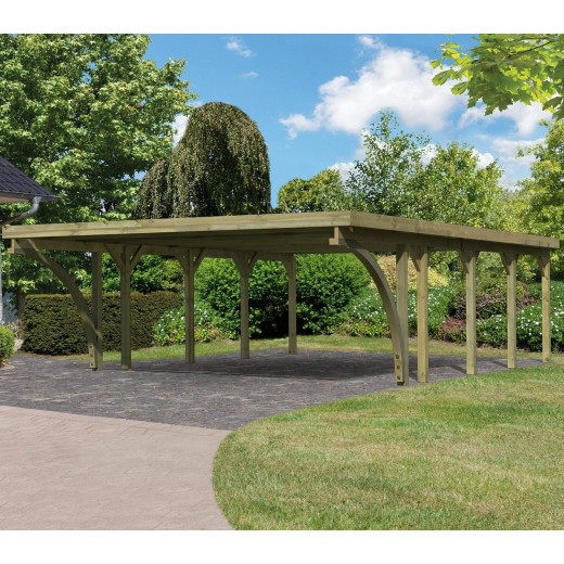 Carport double en bois autoclave 50,9m², toit en acier et deux poteaux en arc – KARIBU