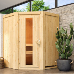 Sauna traditionnel d'angle LARIN 3 à 4 places 68mm sans couronne - avec porte à économie d'énergie KARIBU