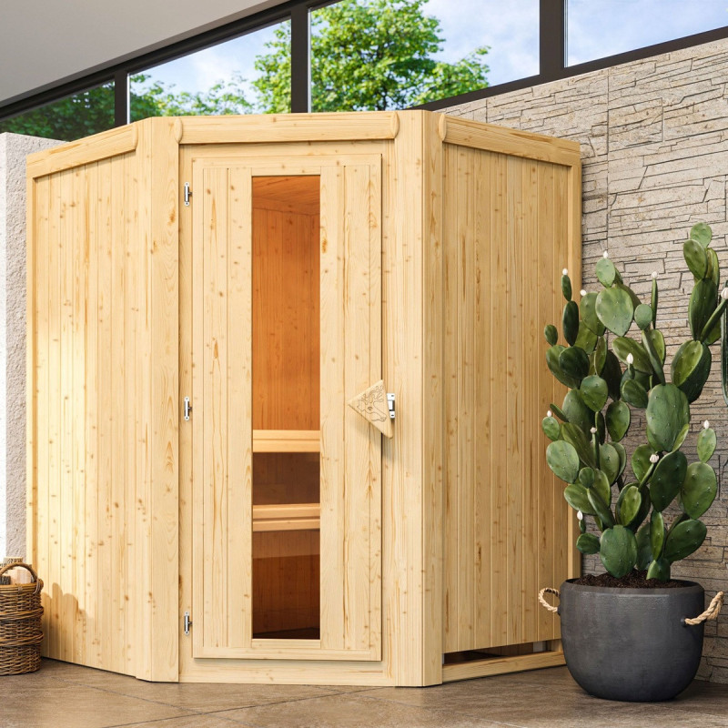 Sauna traditionnel d'angle LARIN 3 à 4 places 68mm sans couronne - avec porte à économie d'énergie KARIBU