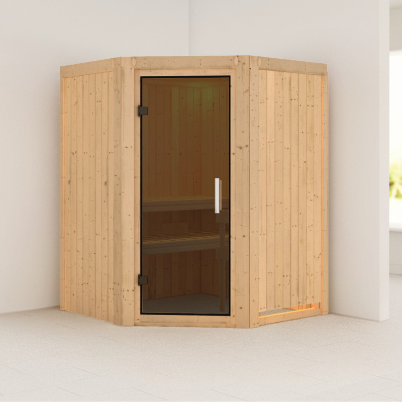Sauna traditionnel d'angle LARIN 3 à 4 places 68mm sans couronne - avec porte moderne KARIBU