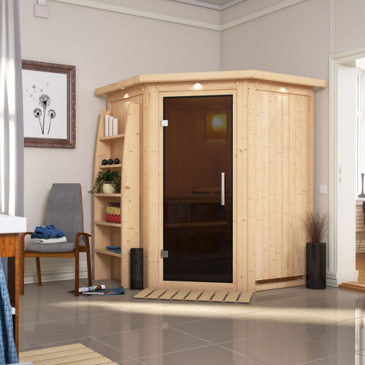 Sauna traditionnel d'angle LARIN 3 à 4 places 68mm avec couronne et porte moderne KARIBU
