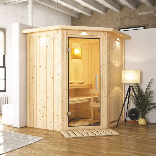 Sauna traditionnel d'angle TAURIN 2 à 3 places 68mm avec couronne et porte en verre clair KARIBU