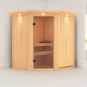 Sauna traditionnel d'angle TAURIN 2 à 3 places 68mm avec couronne et porte en verre clair KARIBU