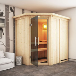 Sauna traditionnel d'angle CARIN 4 à 5 places 68mm avec couronne et porte moderne KARIBU