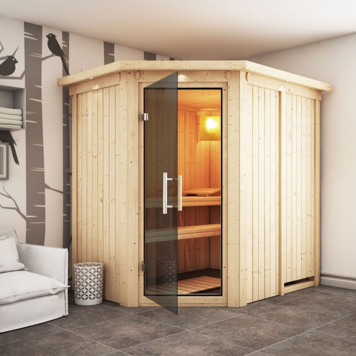 Sauna traditionnel d'angle CARIN 4 à 5 places 68mm avec couronne et porte moderne KARIBU