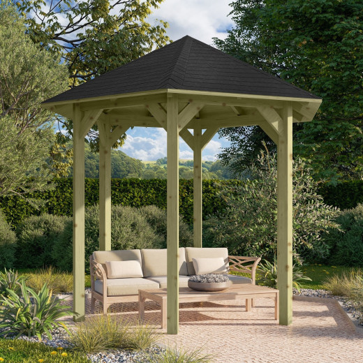 Kiosque hexagonal en bois Lissabon - Diam. 2,99m – avec shingles – Karibu