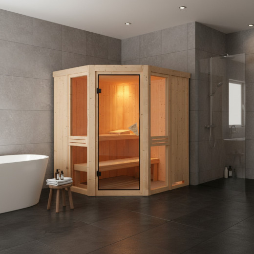 Sauna traditionnel d'angle 3 à 4 places - parois 68mm - avec couronne - porte classique - Amelia 1 - KARIBU