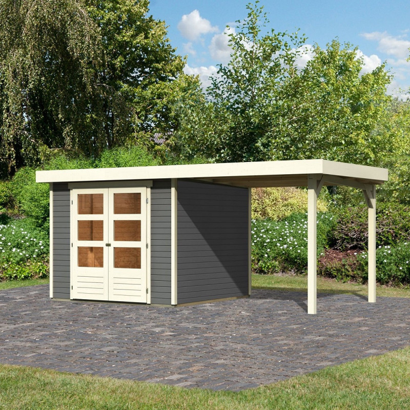 Abri de jardin en bois massif gris terre 5,95m² Askola 3,5 avec appentis - Karibu