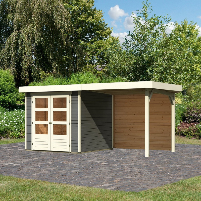 Abri de jardin en bois massif gris terre 4,62m² Askola 2 avec appentis et paroi arrière – Karibu