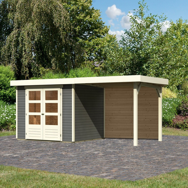 Abri de jardin en bois massif gris terre 5,25m² Askola 3 avec appentis et paroi arrière - Karibu