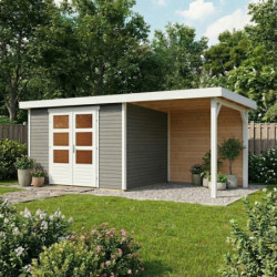 Abri de jardin en bois massif gris terre 6,55m² Askola 4 avec appentis 240cm et paroi arrière - Karibu