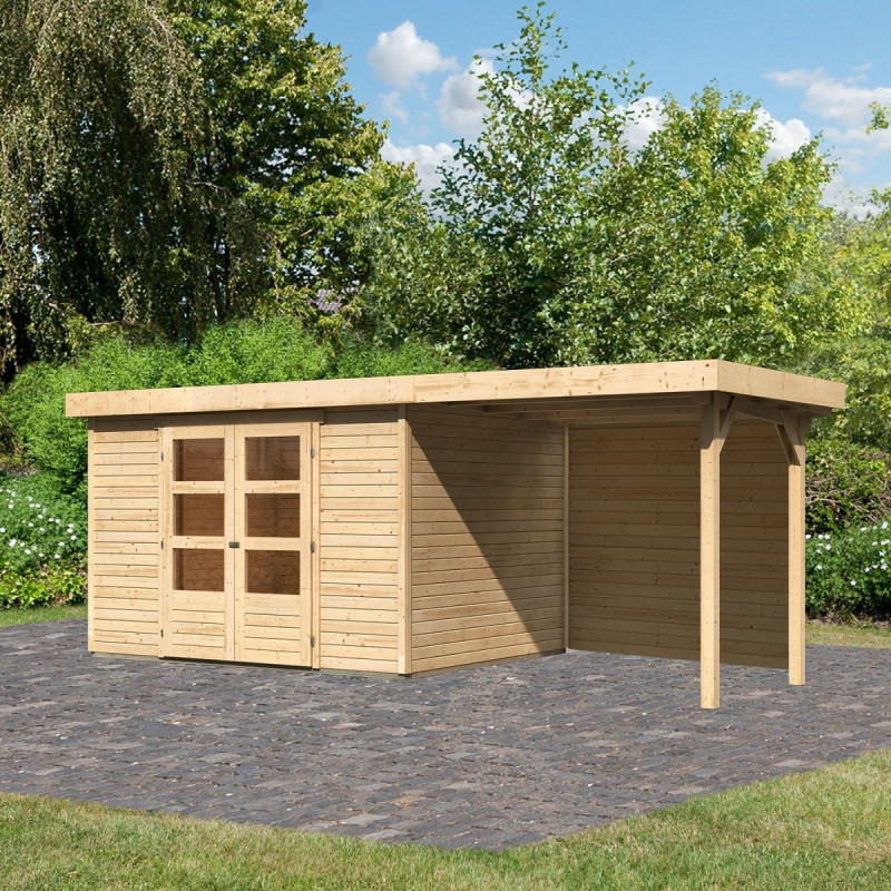 Abri de jardin en bois massif 7,43m² Askola 5 avec appentis et paroi arrière – Karibu