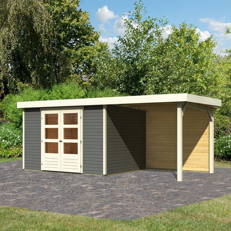 Abri de jardin en bois massif gris terre 7,43m² Askola 5 avec appentis et paroi arrière - Karibu