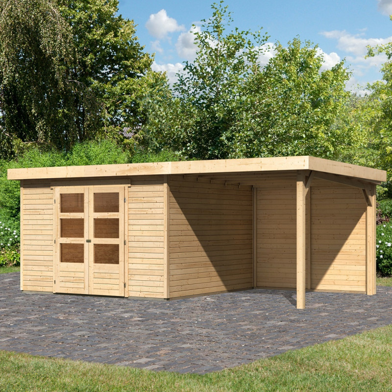 Abri de jardin en bois massif 9,24m² Askola 6 avec appentis et paroi arrière – Karibu	