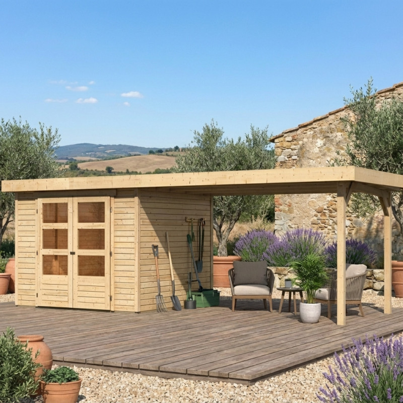 Abri de jardin en bois massif 5,95m² Askola 3,5 avec appentis 280cm – Karibu