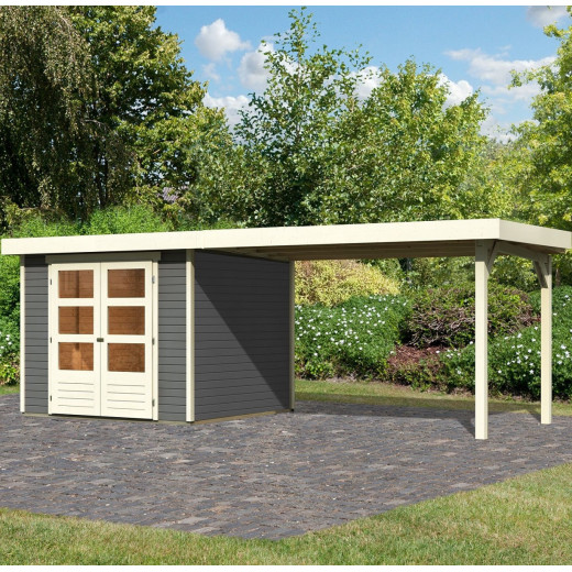 Abri de jardin en bois massif gris terre 5,95m² Askola 3,5 avec grand appentis – Karibu