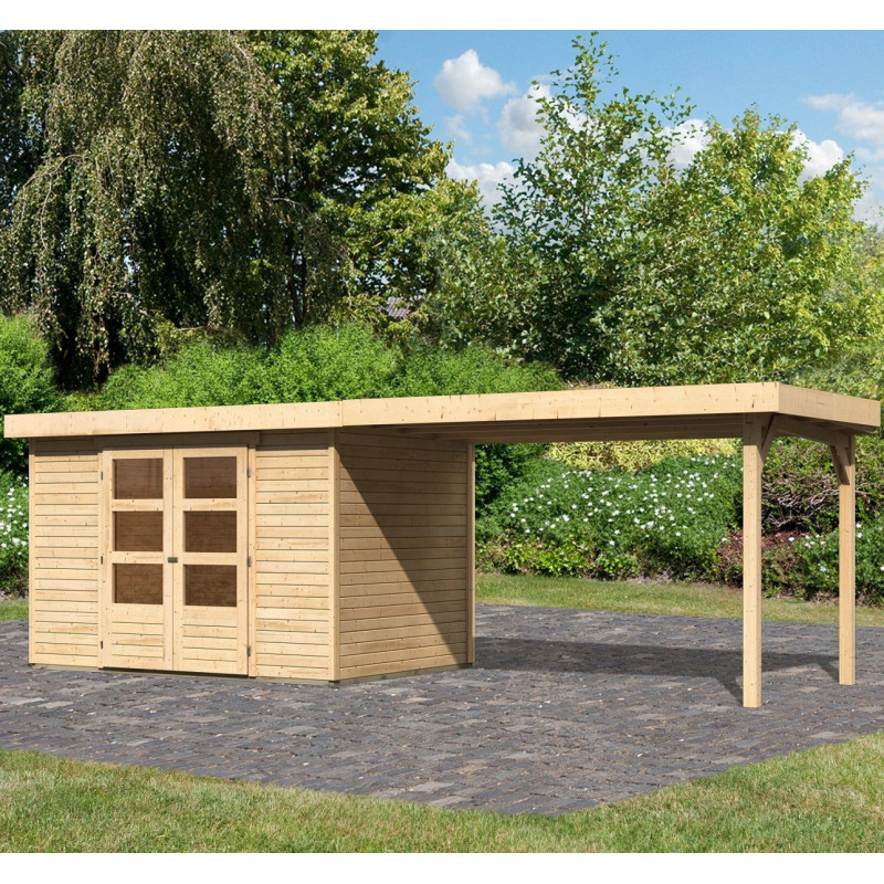 Abri de jardin en bois massif 6,55m² Askola 4 avec grand appentis – Karibu