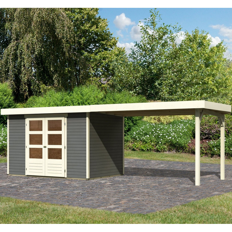 Abri de jardin en bois massif gris terre 6,55m² Askola 4 avec grand appentis – Karibu