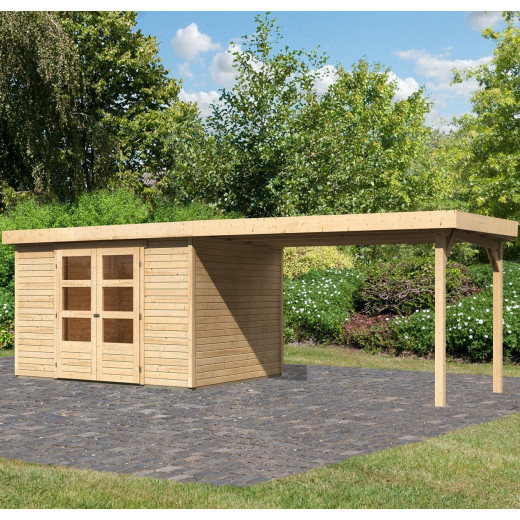 Abri de jardin en bois massif 7,43m² Askola 5 avec grand appentis – Karibu