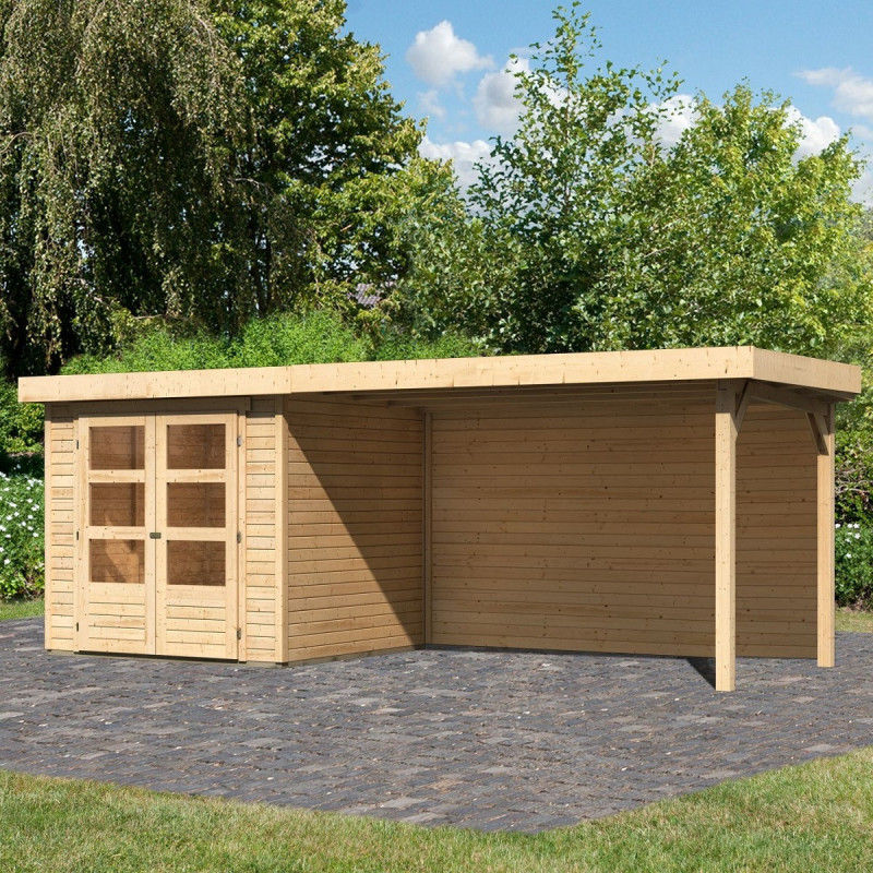 Abri de jardin en bois massif 4,62m² Askola 2 avec grand appentis et paroi arrière – Karibu
