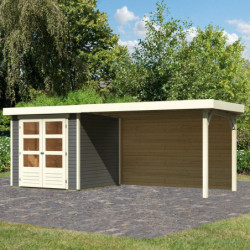 Abri de jardin en bois massif gris terre 4,62m² Askola 2 avec grand appentis et paroi arrière – Karibu