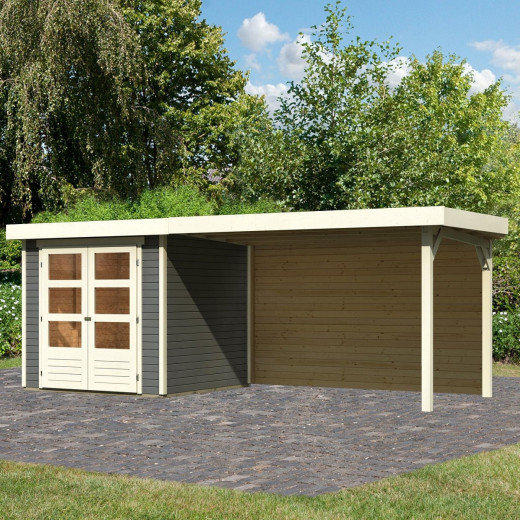 Abri de jardin en bois massif gris terre 4,62m² Askola 2 avec grand appentis et paroi arrière – Karibu