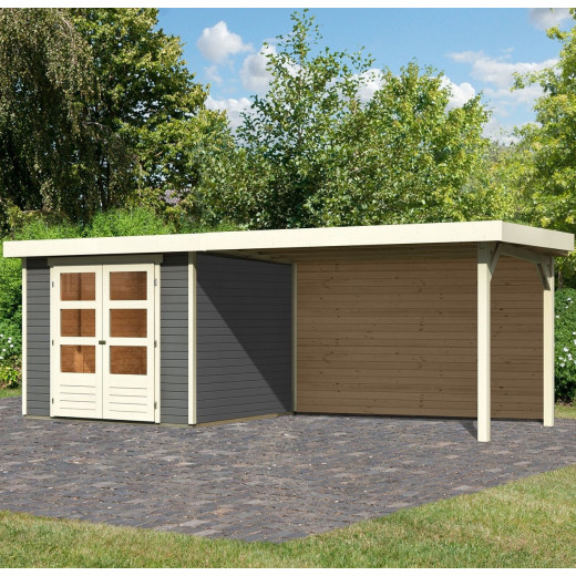 Abri de jardin en bois massif gris terre 5,95m² Askola 3,5 avec grand appentis et paroi arrière – Karibu
