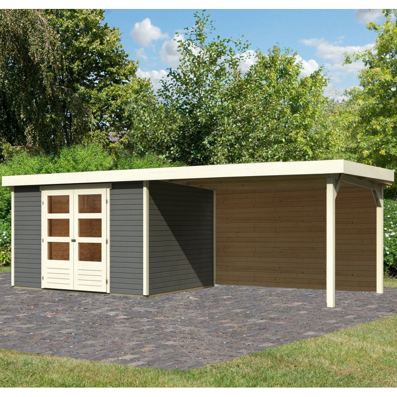 Abri de jardin en bois massif gris terre 7,43m² Askola 5 avec grand appentis et paroi arrière – Karibu