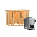 Sauna d'angle multifonctionnel ASTA avec poêle Bio 9kW 4 à 5 places 68mm KARIBU