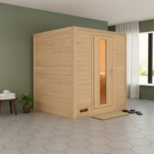 Sauna traditionnel MOJAVE 5 à 6 places 38mm sans couronne - avec porte à économie d'énergie KARIBU