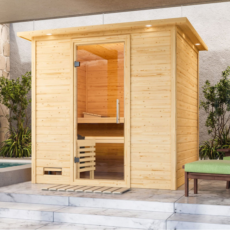 Sauna traditionnel MOJAVE 5 à 6 places 38mm avec couronne et porte en verre clair KARIBU