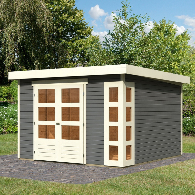 Abri de jardin en bois massif gris terre 9,24m² Kerko 6 – Karibu 