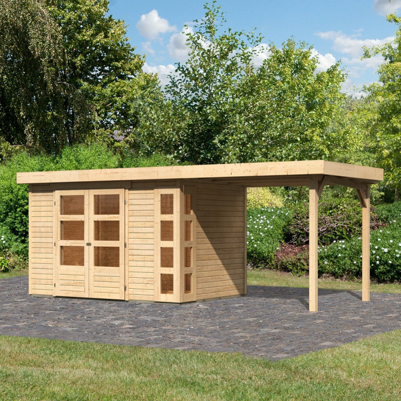Abri de jardin en bois massif 6,55m² Kerko 4 avec appentis 240cm – Karibu 