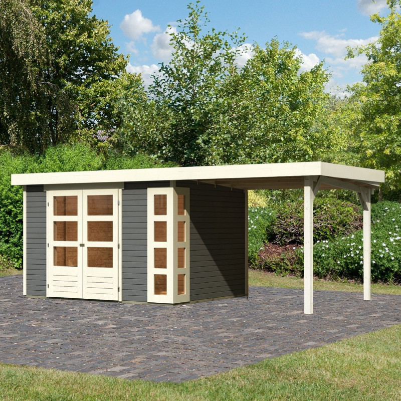 Abri de jardin en bois massif gris terre 7,43m² Kerko 5 avec appentis 240cm – Karibu 