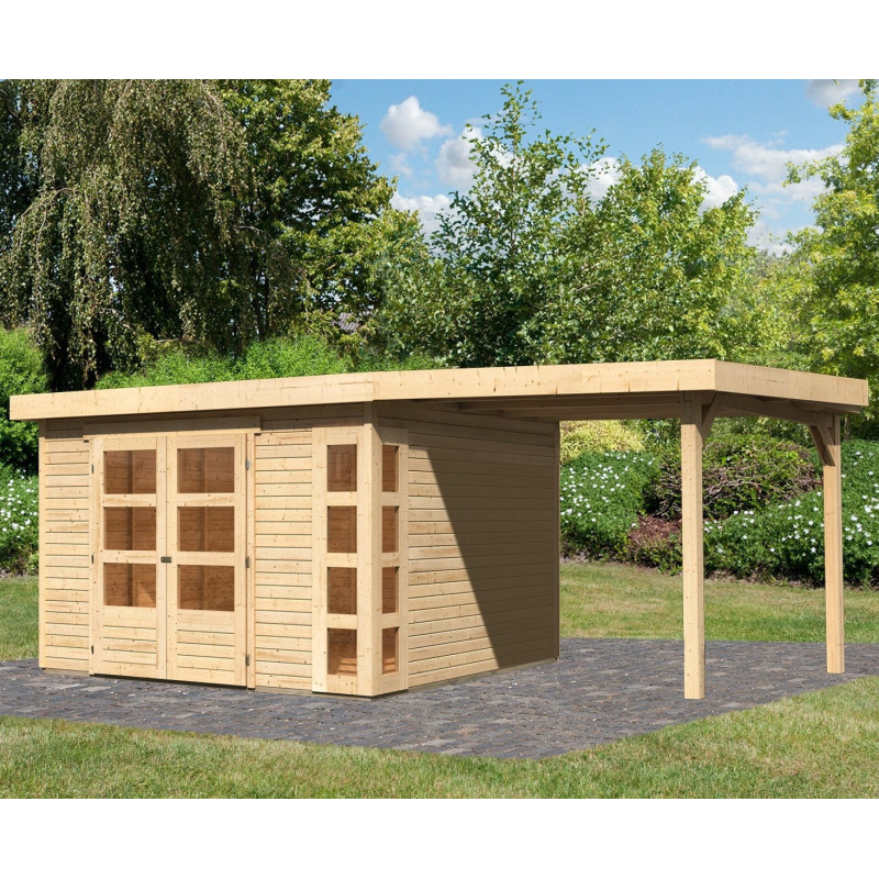 Abri de jardin en bois massif 9,24m² Kerko 6 avec appentis 240cm – Karibu 