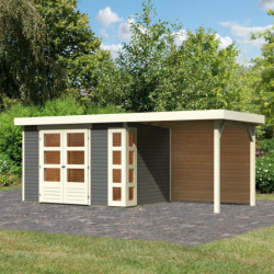 Abri de jardin en bois massif gris terre 6,55m² Kerko 4 avec appentis 240cm et paroi arrière – Karibu 
