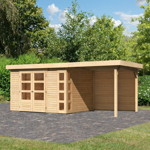 Abri de jardin en bois massif 7,43m² Kerko 5 avec appentis 240cm et paroi arrière – Karibu 