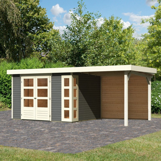 Abri de jardin en bois massif gris terre 7,43m² Kerko 5 avec appentis 240cm et paroi arrière – Karibu 