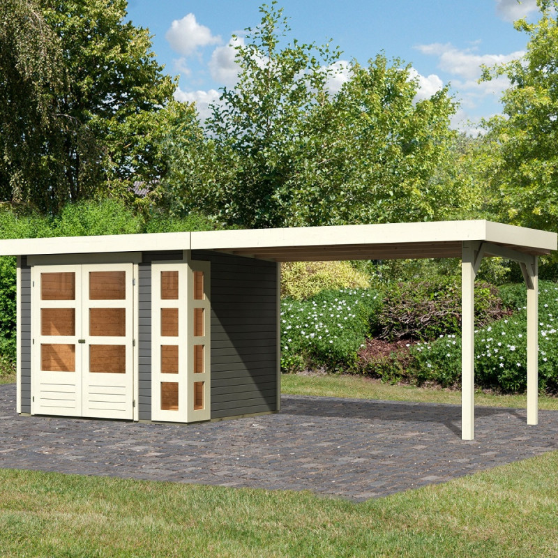 Abri de jardin en bois massif gris terre 5,25m² Kerko 3 avec appentis 280cm – Karibu 