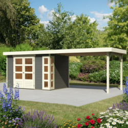 Abri de jardin en bois massif gris terre 6,55m² Kerko 4 avec appentis 280cm – Karibu 