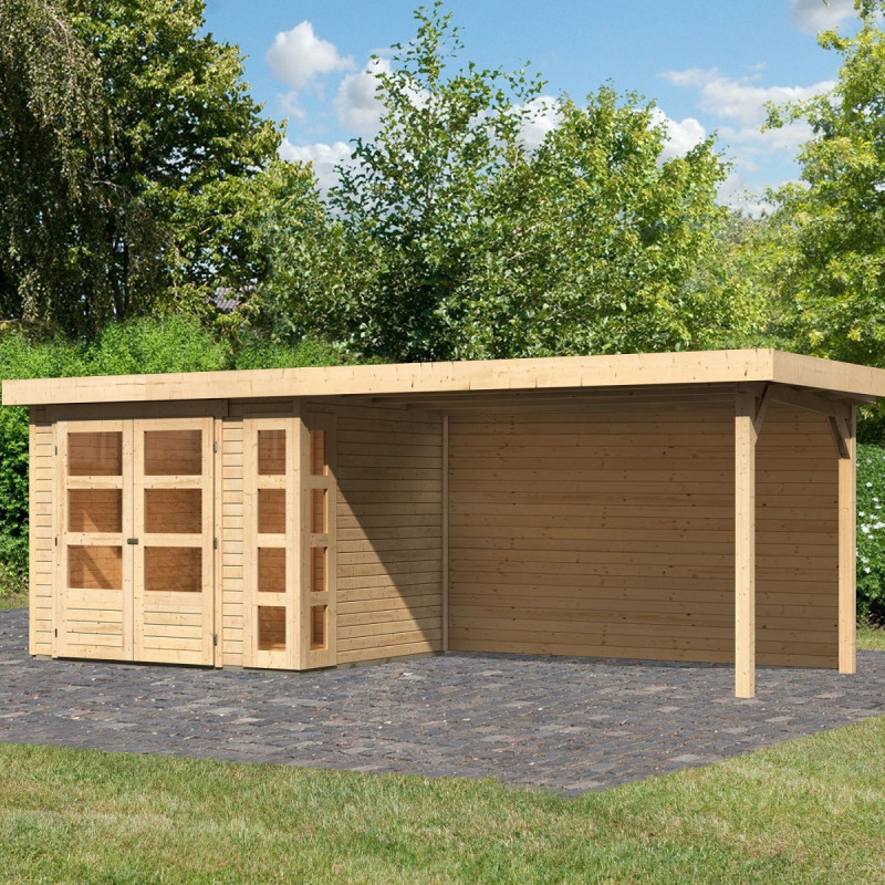 Abri de jardin en bois massif 5,25m² Kerko 3 avec appentis 280cm et paroi arrière – Karibu 