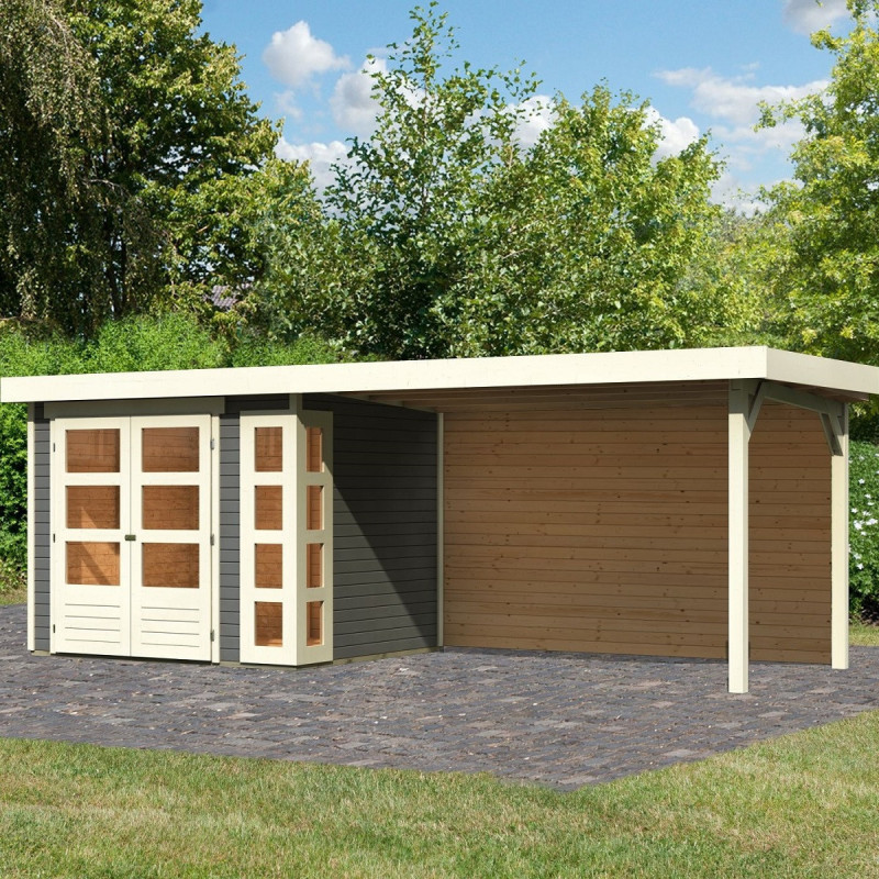 Abri de jardin en bois massif gris terre 5,25m² Kerko 3 avec appentis 280cm et paroi arrière – Karibu 