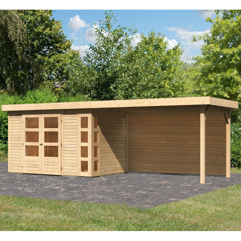 Abri de jardin en bois massif 6,55m² Kerko 4 avec appentis 280cm et paroi arrière – Karibu 