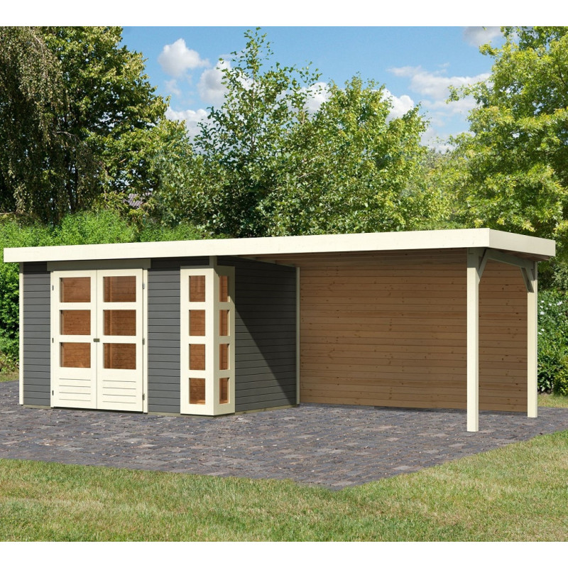 Abri de jardin en bois massif gris terre 6,55m² Kerko 4 avec appentis 280cm et paroi arrière – Karibu 