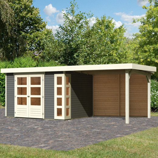 Abri de jardin en bois massif gris terre 7,43m² Kerko 5 avec appentis 280cm et paroi arrière – Karibu 